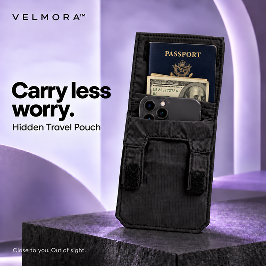 VELMORA™ hidden travel pouch with U.S. passport, folded dollars and phone