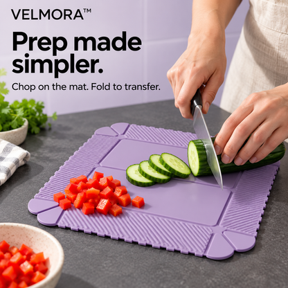 Preparing cucumber and pepper on a purple VELMORA™ SnapNest mat