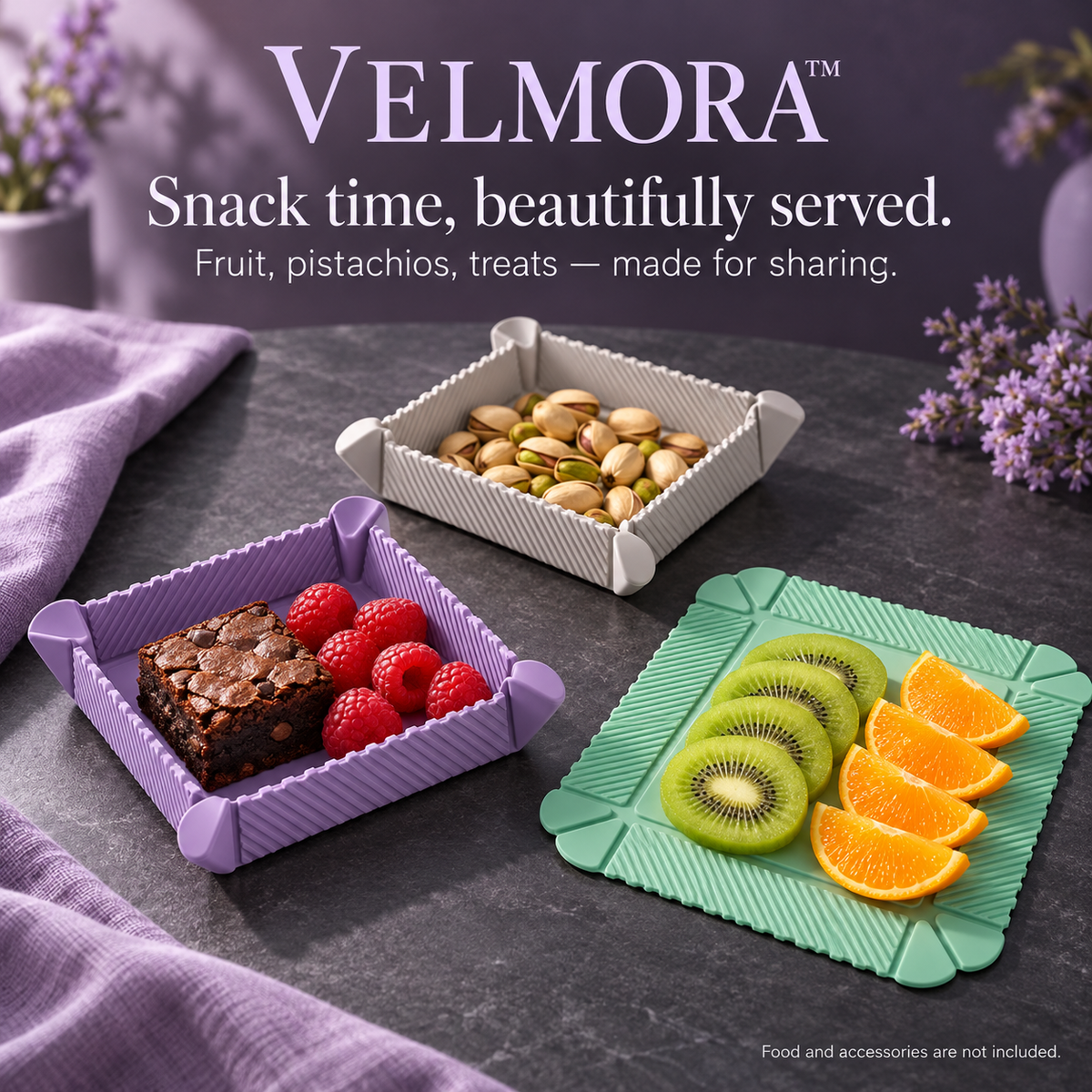 VELMORA™ SnapNest serving fruit, pistachios and dessert